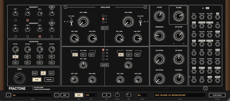 The Fractone panel: oscillators with subharmonic dividers, four rhythm generators, two sequencers, filter and patchbay