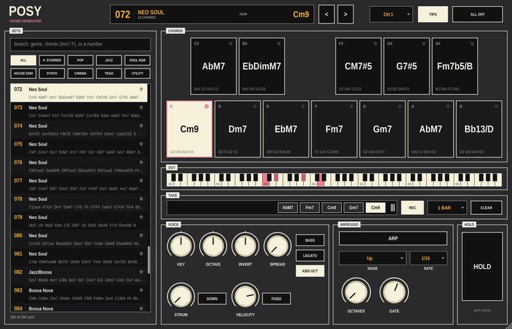 The Posy panel: a searchable chord set list, twelve chord pads, and voicing and arpeggio controls
