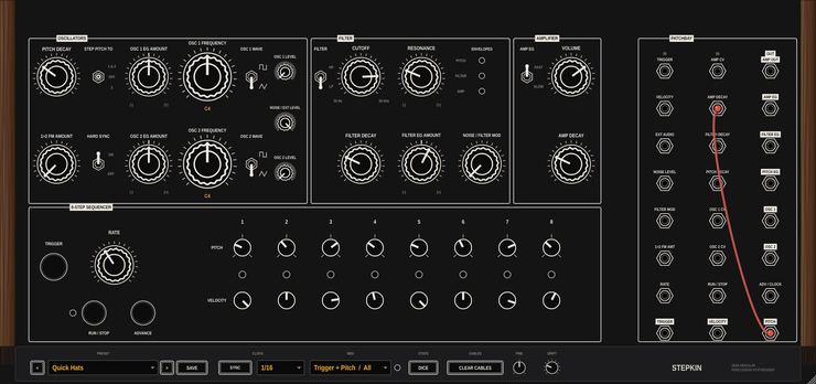 The Stepkin panel: oscillator, filter and envelope controls above an eight-step sequencer and a patchbay